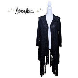 NEIMAN MARCUS Black Knit Open Cardigan with Fringes in Cotton/Rayon